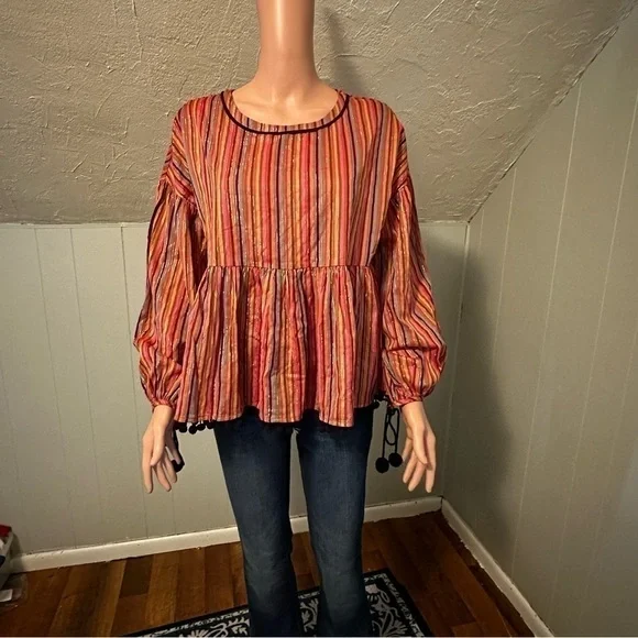 Amaryllis Metallic Stripe Pom Pom Boho Peasant Blouse Size Small - Picture 4 of 9